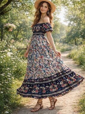 Boho Floral Maxi Dress Off-Shoulder Cottagecore Summer Dress Size L